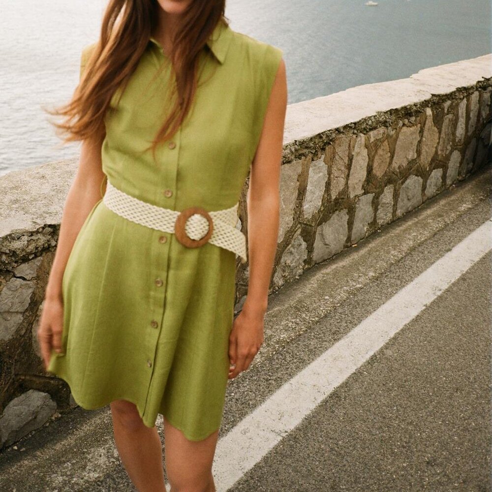Zara Linen Mini Dress Olive Green Summer Vacation Belted Button Front NWT Size S